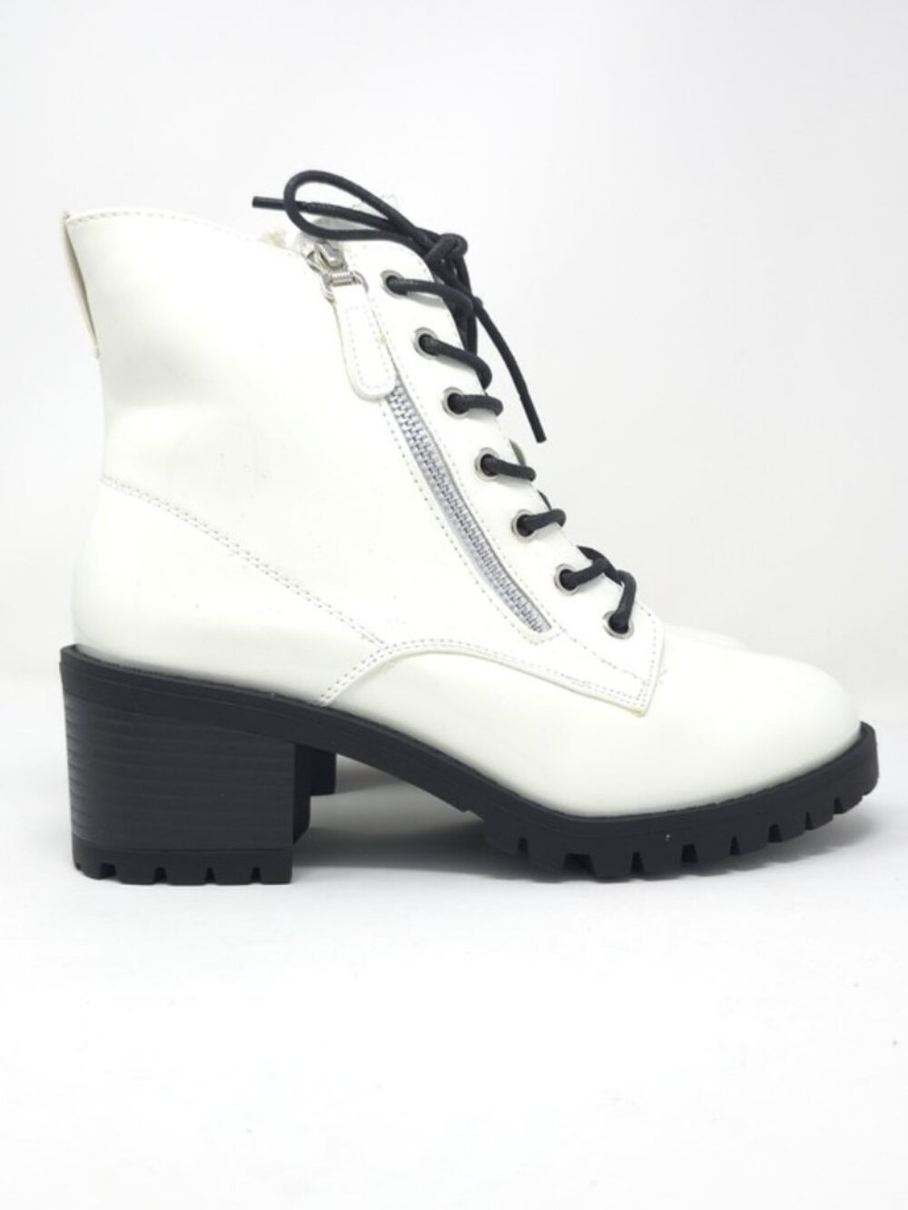 Combat Boots Chunky Heel Lace Up Side Zipper Faux Leather White Pat Ankle Boot - Picture 3 of 12